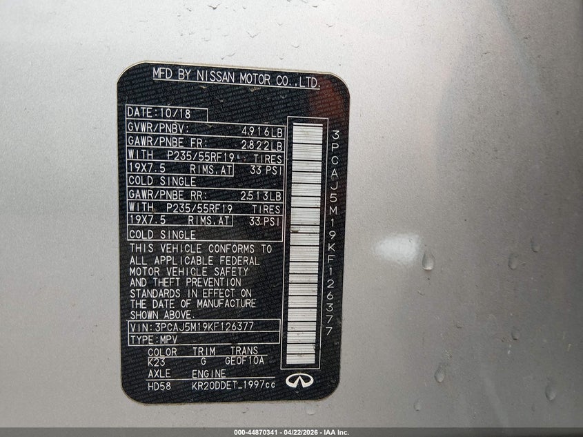 2019 Infiniti Qx50 VIN 3PCAJ5M19KF126377 IAAI salvage auction — FRONT END, Salvage Title, sold $2,100 on 2026-07-18 (photo 9)