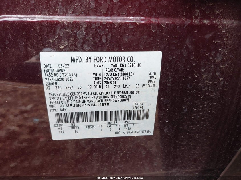 2022 Lincoln Nautilus VIN 2LMPJ8KP1NBL14878 IAAI salvage auction — FRONT END, Original (Texas), sold $5,725 on 2026-08-01 (photo 9)