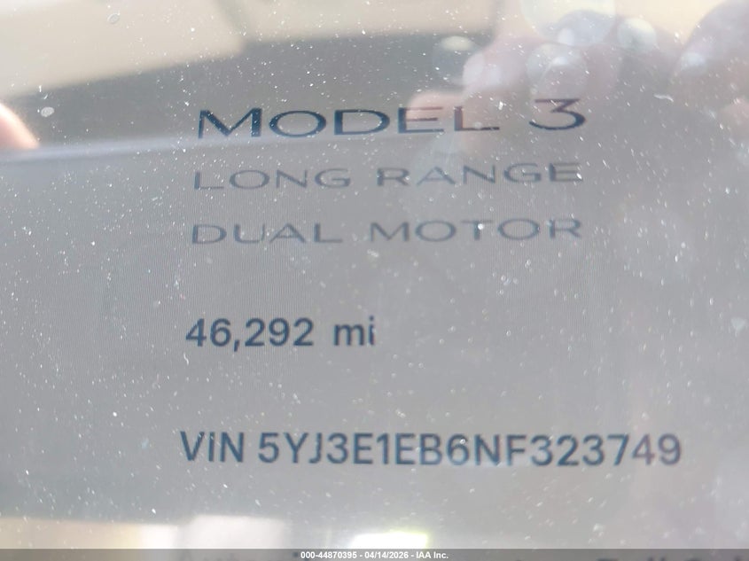 2022 Tesla Model 3 VIN 5YJ3E1EB6NF323749 IAAI salvage auction — FRONT END, Salvage Title, sold $5,750 on 2026-07-22 (photo 7)
