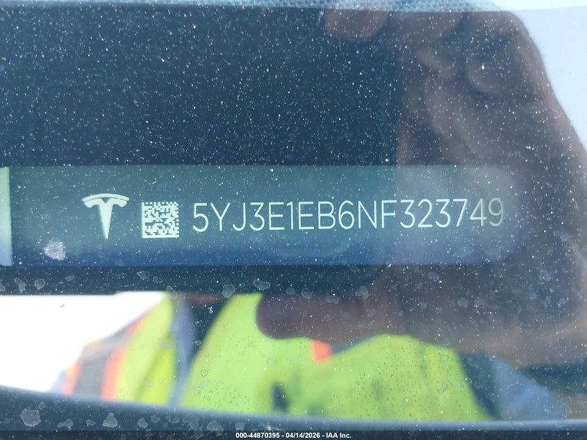 2022 Tesla Model 3 VIN 5YJ3E1EB6NF323749 IAAI salvage auction — FRONT END, Salvage Title, sold $5,750 on 2026-07-22 (photo 9)