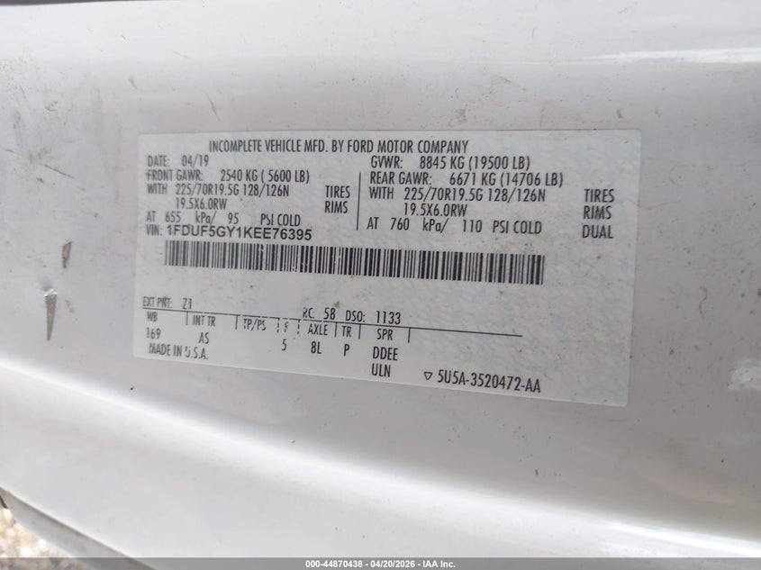 2019 Ford F-550 chassis VIN 1FDUF5GY1KEE76395 IAAI salvage auction — NORMAL WEAR, Clear (Mississippi), sold $15,000 on 2026-07-08 (photo 8)