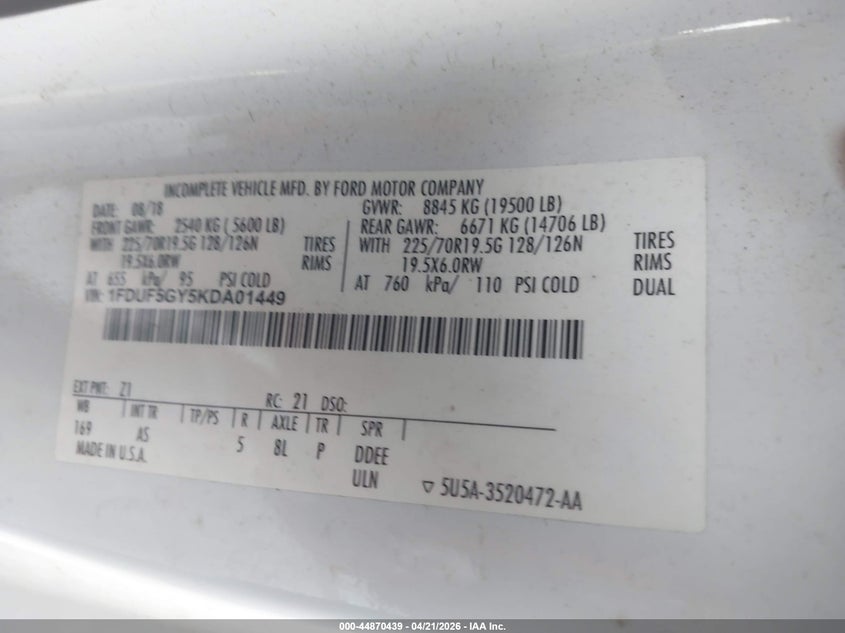 2019 Ford VIN 1FDUF5GY5KDA01449 IAAI salvage auction — FRONT END, Clear (Louisiana), sold $5,100 on 2026-07-29 (photo 8)