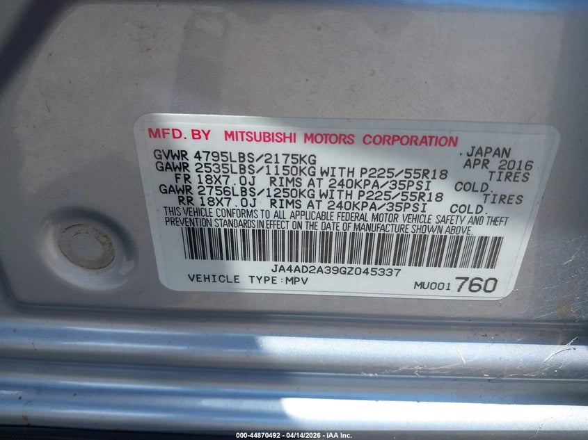 2016 Mitsubishi Outlander VIN JA4AD2A39GZ045337 IAAI salvage auction — WATER/FLOOD, Wait Title, sold $25 on 2026-07-28 (photo 9)