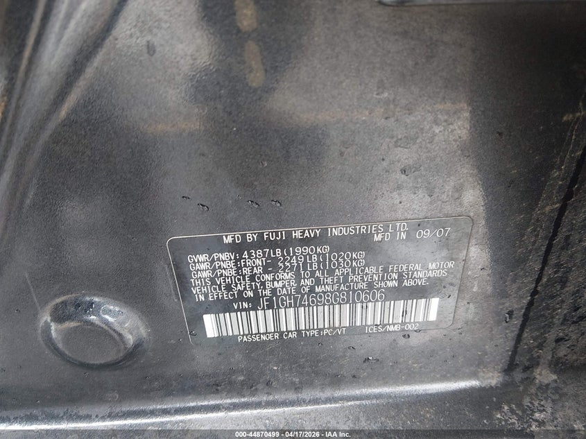 2008 Subaru Impreza VIN JF1GH74698G810606 IAAI salvage auction — LEFT FRONT, Salvage (Colorado), sold $925 on 2026-07-21 (photo 9)
