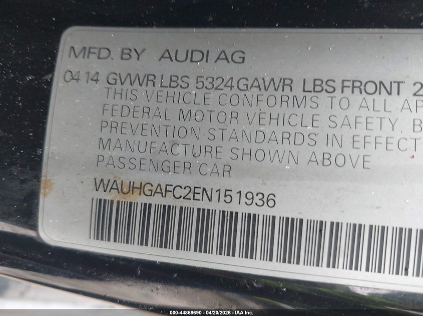 2014 Audi A6 VIN WAUHGAFC2EN151936 IAAI salvage auction — FRONT END, Salvage (Texas), sold $500 on 2026-07-29 (photo 9)