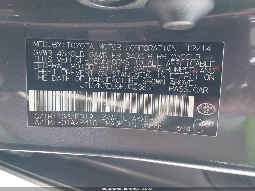 2015 Toyota Prius v VIN JTDZN3EU6FJ020651 IAAI salvage auction — FRONT END, Salvage Title, sold $2,000 on 2026-07-12 (photo 9)