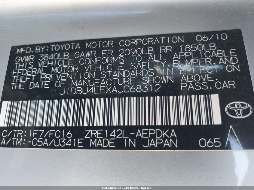 2010 Toyota Corolla VIN JTDBU4EEXAJ068312 IAAI salvage auction — SIDE, Salvage (California), sold $800 on 2026-07-22 (photo 9)