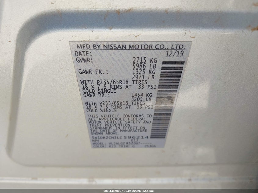 2020 Nissan Pathfinder VIN 5N1DR2CN3LC596214 IAAI salvage auction — ALL OVER, Wait Title, sold $375 on 2026-07-09 (photo 9)