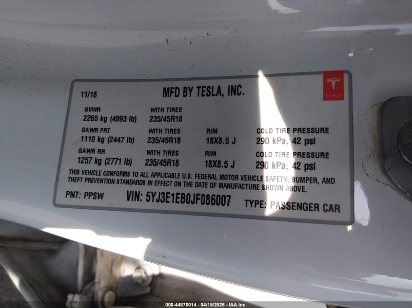 2018 Tesla Model 3 VIN 5YJ3E1EB0JF086007 IAAI salvage auction — FRONT END, Wait Title, sold $9,900 on 2026-07-16 (photo 9)