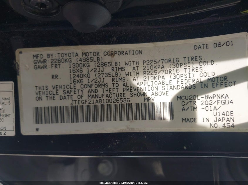 2001 Toyota Highlander VIN JTEGF21A810026536 IAAI salvage auction — REAR END, Bill Of Sale (Georgia), sold $550 on 2026-07-31 (photo 9)