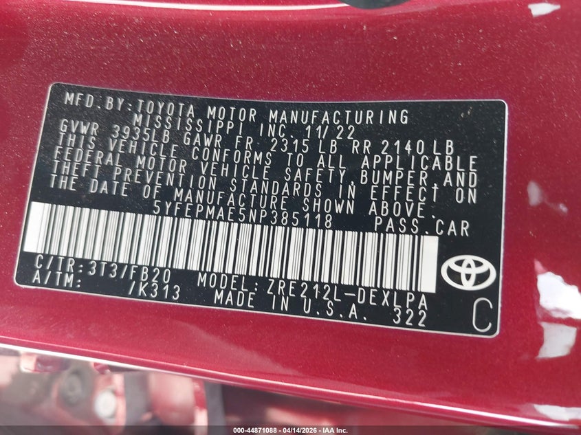 2022 Toyota Corolla VIN 5YFEPMAE5NP385118 IAAI salvage auction — FRONT & REAR, Wait Title, sold $5,800 on 2026-07-14 (photo 9)