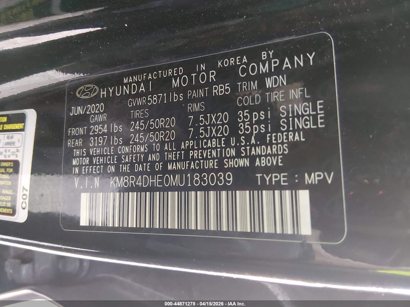 2021 Hyundai Palisade VIN KM8R4DHE0MU183039 IAAI salvage auction — FRONT & REAR, Salvage (Georgia), sold $7,000 on 2026-07-10 (photo 9)