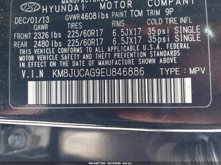 2014 Hyundai Tucson VIN KM8JUCAG9EU846886 IAAI salvage auction — FRONT END, Wait Title, sold $1,350 on 2026-07-17 (photo 9)