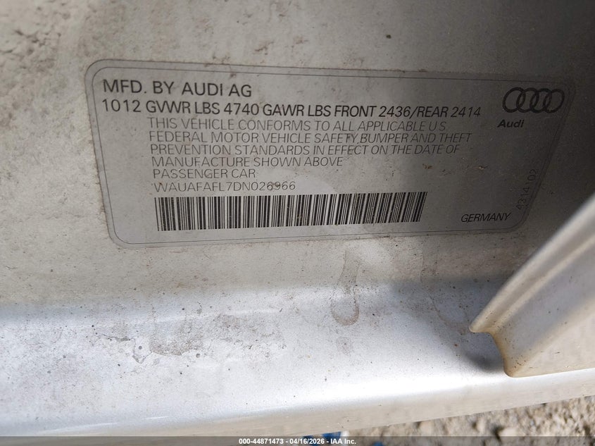 2013 Audi A4 VIN WAUAFAFL7DN026966 IAAI salvage auction — SIDE, Original (Ohio), sold $325 on 2026-07-28 (photo 9)