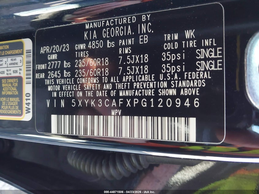 2023 Kia Sportage VIN 5XYK3CAFXPG120946 IAAI salvage auction — REAR END, Wait Title, sold $7,550 on 2026-07-09 (photo 9)