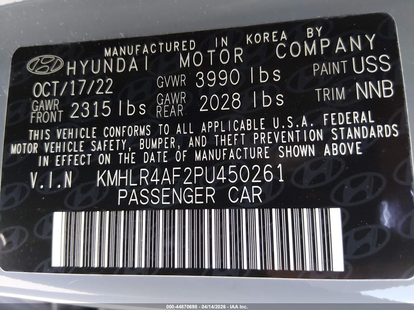 2023 Hyundai Elantra VIN KMHLR4AF2PU450261 IAAI salvage auction — REAR END, Wait Title, sold $6,650 on 2026-07-14 (photo 9)