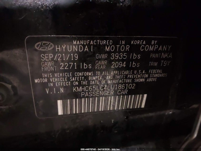 2020 Hyundai Ioniq VIN KMHC65LC4LU186102 IAAI salvage auction — LEFT FRONT, Salvage (New Hampshire), sold $1,700 on 2026-07-13 (photo 9)