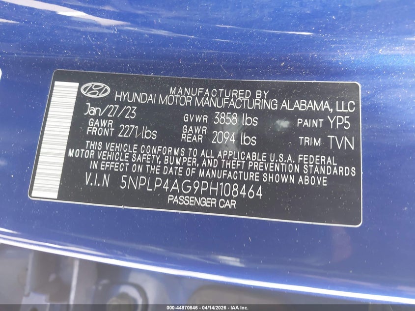 2023 Hyundai Elantra VIN 5NPLP4AG9PH108464 IAAI salvage auction — FRONT END, Wait Title, sold $1,300 on 2026-07-28 (photo 9)