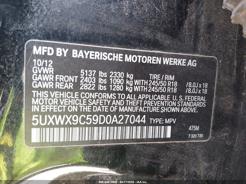 2013 BMW X3 VIN 5UXWX9C59D0A27044 IAAI salvage auction — NORMAL WEAR, Salvage Title, sold $350 on 2026-07-21 (photo 9)