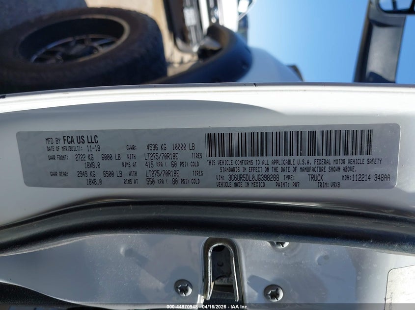 2018 Ram 2500 VIN 3C6UR5DL0JG398288 IAAI salvage auction — FRONT END, Salvage (Texas), sold $7,050 on 2026-07-28 (photo 9)