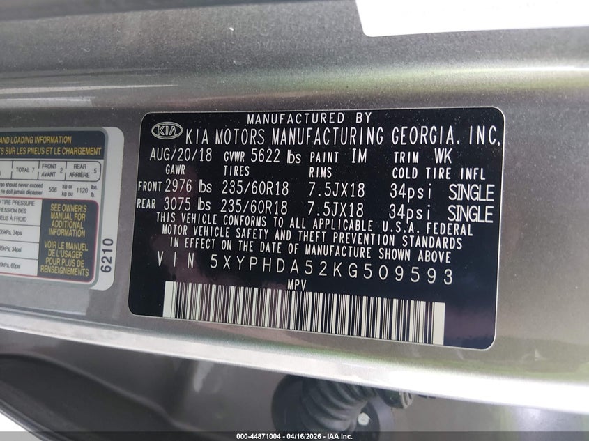 2019 Kia Sorento VIN 5XYPHDA52KG509593 IAAI salvage auction — FRONT END, Salvage Title, sold $3,650 on 2026-07-20 (photo 9)