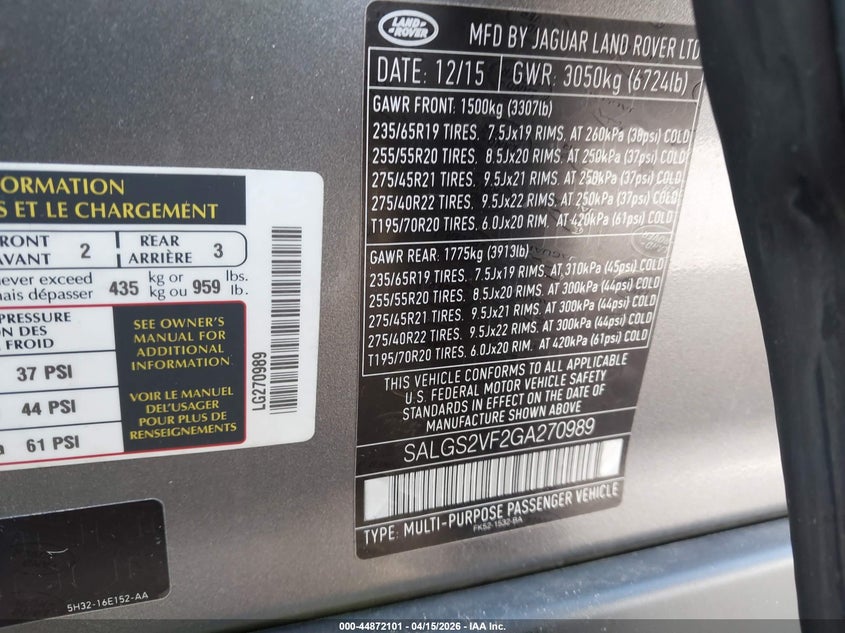 2016 Land rover RANGE ROVER VIN SALGS2VF2GA270989 IAAI salvage auction — FRONT END, Salvage (Massachusetts), sold $6,150 on 2026-07-07 (photo 9)