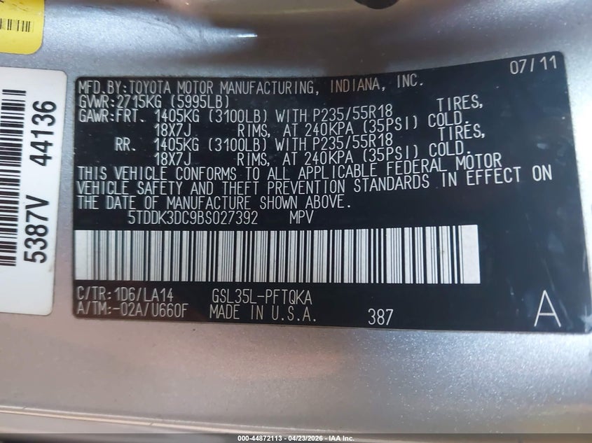 2011 Toyota Sienna VIN 5TDDK3DC9BS027392 IAAI salvage auction — REAR END, Salvage (Michigan), sold $775 on 2026-07-21 (photo 9)