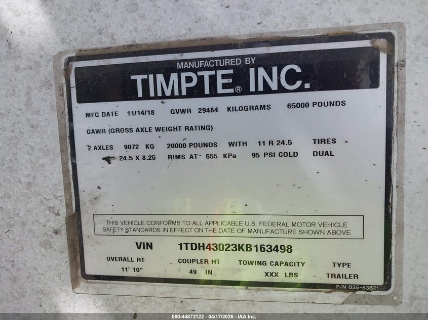 2019 Timpte Grain trailer VIN 1TDH43023KB163498 IAAI salvage auction — ROLLOVER, Non-Repairable (California), sold $1,725 on 2026-09-02 (photo 9)