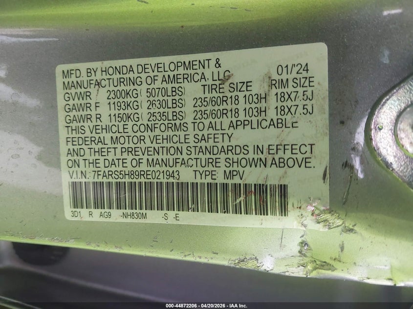 2024 Honda Cr-v VIN 7FARS5H89RE021943 IAAI salvage auction — FRONT END, Original (Texas), sold $13,025 on 2026-07-22 (photo 9)