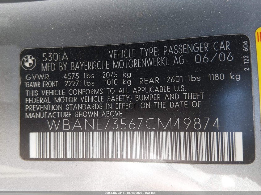 2007 BMW 5 series VIN WBANE73567CM49874 IAAI salvage auction — LEFT REAR, Salvage (Texas), sold $150 on 2026-07-17 (photo 9)