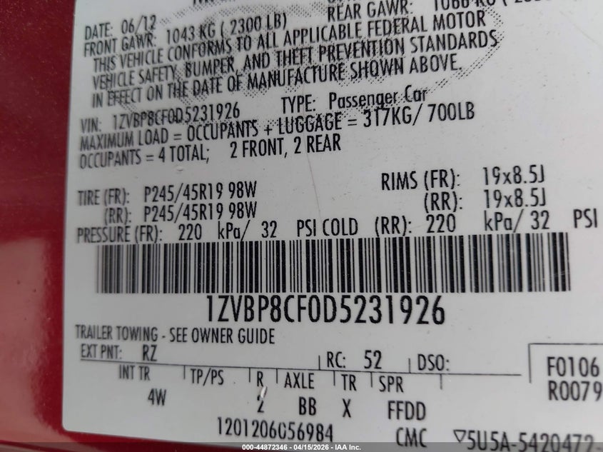 2013 Ford Mustang VIN 1ZVBP8CF0D5231926 IAAI salvage auction — FRONT & REAR, Salvage (Texas), sold $4,000 on 2026-08-03 (photo 9)