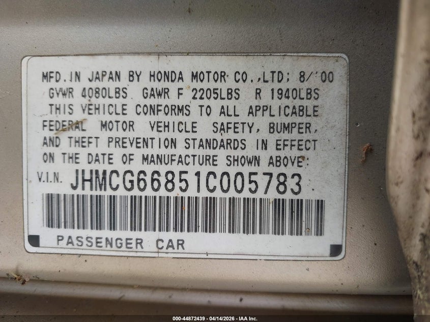 2001 Honda Accord VIN JHMCG66851C005783 IAAI salvage auction — MECHANICAL, Salvage (Texas), sold $375 on 2026-07-08 (photo 9)