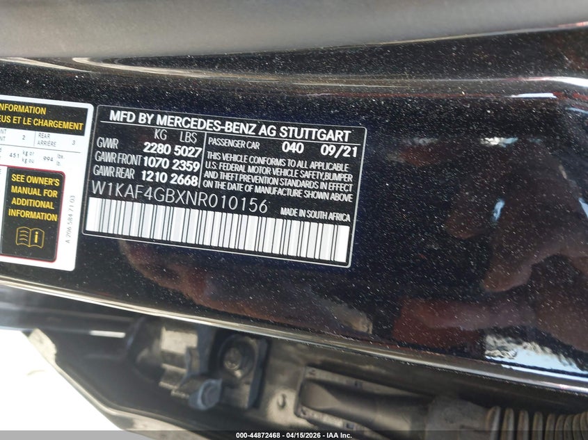 2022 Mercedes-benz C-klasse VIN W1KAF4GBXNR010156 IAAI salvage auction — RIGHT FRONT, Salvage (Georgia), sold $16,500 on 2026-07-07 (photo 9)
