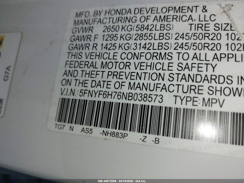 2022 Honda Pilot VIN 5FNYF6H76NB038573 IAAI salvage auction — FRONT END, Mv-907A (New York), sold $7,900 on 2026-09-01 (photo 9)