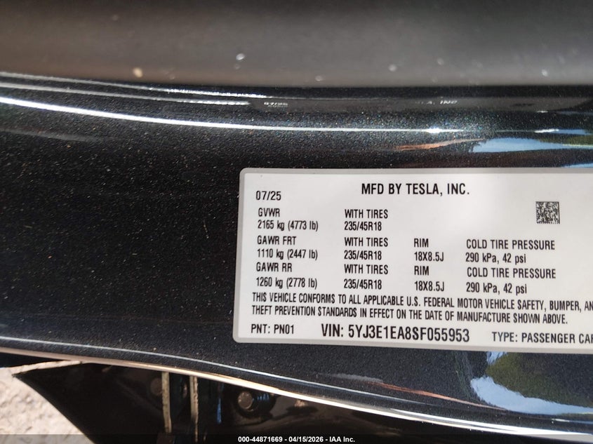 2025 Tesla Model 3 VIN 5YJ3E1EA8SF055953 IAAI salvage auction — FRONT & REAR, Wait Title, sold $6,800 on 2026-07-16 (photo 9)