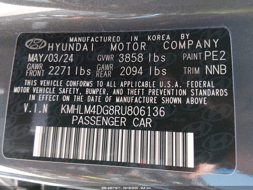 2024 Hyundai Elantra VIN KMHLM4DG8RU806136 IAAI salvage auction — FRONT END, Original (Texas), sold $5,450 on 2026-07-20 (photo 9)