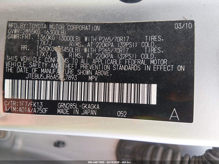 2010 Toyota 4runner VIN JTEBU5JR6A5017893 IAAI salvage auction — FRONT END, Salvage (Illinois), sold $2,650 on 2026-07-11 (photo 9)
