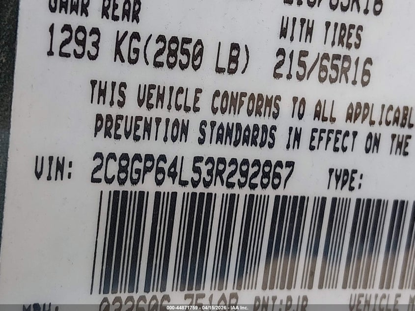 2003 Chrysler Town & country VIN 2C8GP64L53R292867 IAAI salvage auction — HAIL, Salvage (Missouri), sold $600 on 2026-07-20 (photo 9)