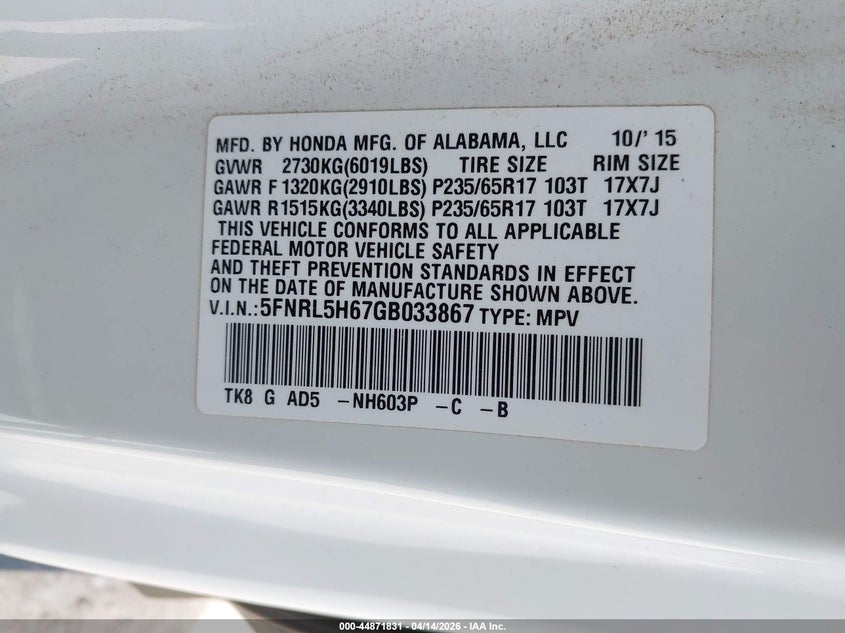 2016 Honda Odyssey VIN 5FNRL5H67GB033867 IAAI salvage auction — LEFT & RIGHT, Wait Title, sold $1,800 on 2026-07-09 (photo 9)