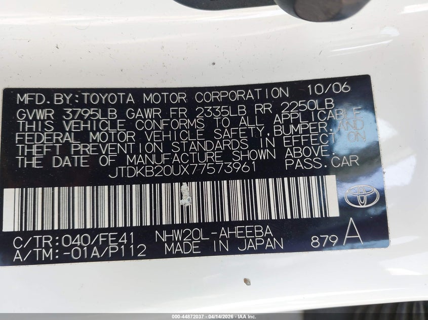 2007 Toyota Prius VIN JTDKB20UX77573961 IAAI salvage auction — NORMAL WEAR, Salvage (Texas), sold $300 on 2026-07-21 (photo 9)