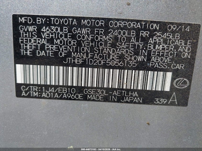2015 Lexus Is VIN JTHBF1D20F5056135 IAAI salvage auction — FRONT END, Salvage (Georgia), sold $4,650 on 2026-07-22 (photo 9)