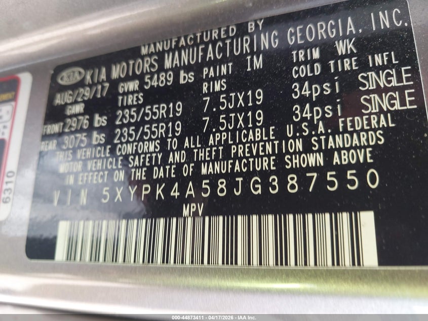2018 Kia Sorento VIN 5XYPK4A58JG387550 IAAI salvage auction — FRONT END, Salvage Title, sold $3,650 on 2026-07-22 (photo 9)