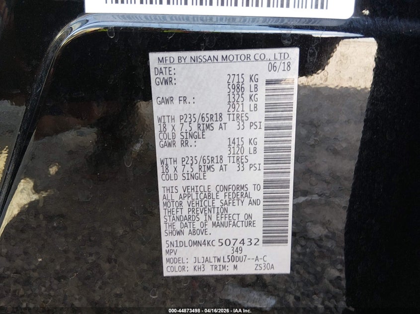 2019 Infiniti Qx60 VIN 5N1DL0MN4KC507432 IAAI salvage auction — RIGHT FRONT, Original (Texas), sold $2,675 on 2026-07-09 (photo 9)