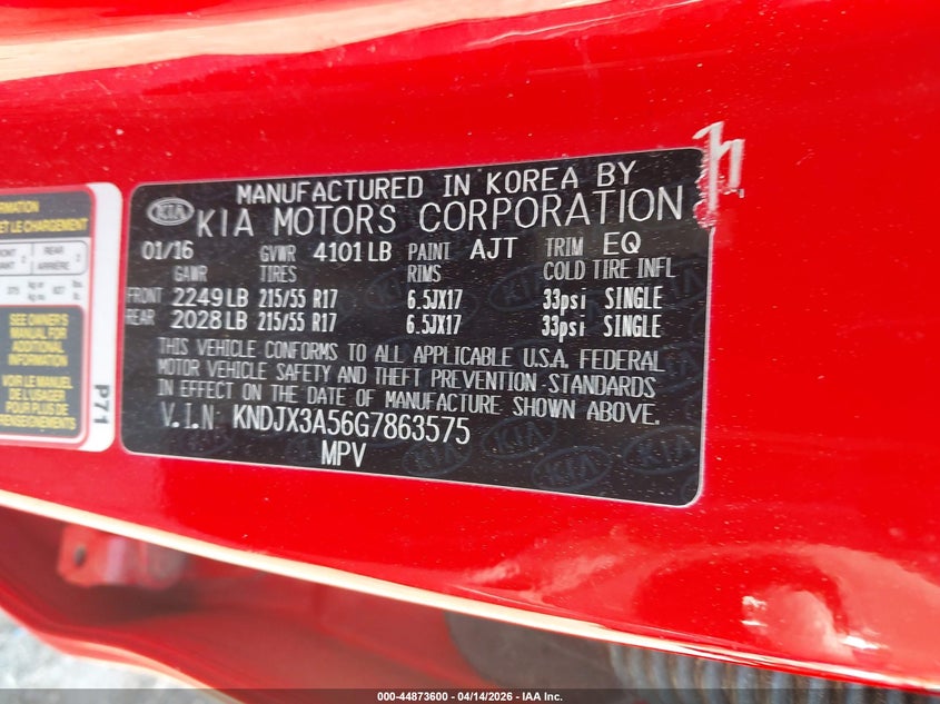 2016 Kia Soul VIN KNDJX3A56G7863575 IAAI salvage auction — LEFT REAR, Wait Title, sold $1,700 on 2026-07-18 (photo 9)