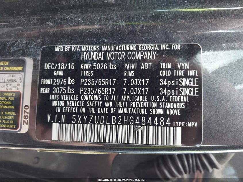 2017 Hyundai Santa fe VIN 5XYZUDLB2HG484484 IAAI salvage auction — REAR END, Mv-907A (New York), sold $2,250 on 2026-07-22 (photo 9)