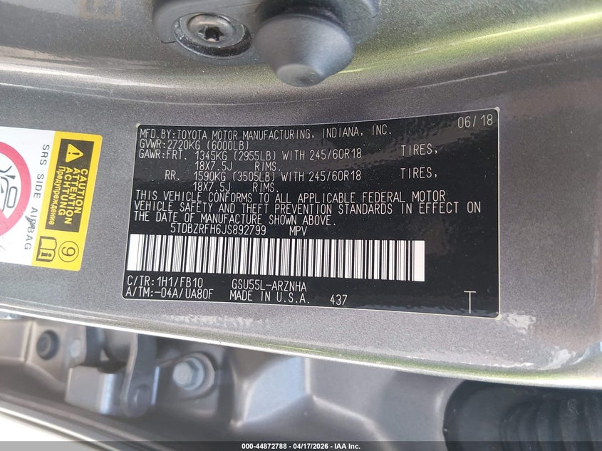 2018 Toyota Highlander VIN 5TDBZRFH6JS892799 IAAI salvage auction — FRONT END, Salvage - Greater Than 75% (Maryland), sold $6,275 on 2026-07-30 (photo 9)