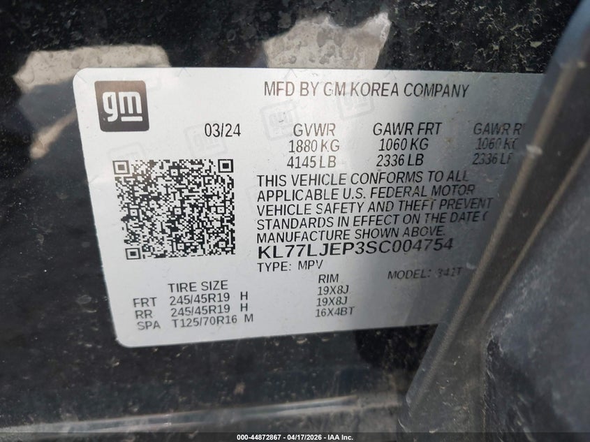 2025 Chevrolet Trax VIN KL77LJEP3SC004754 IAAI salvage auction — FRONT END, Salvage Title, sold $4,150 on 2026-07-16 (photo 9)