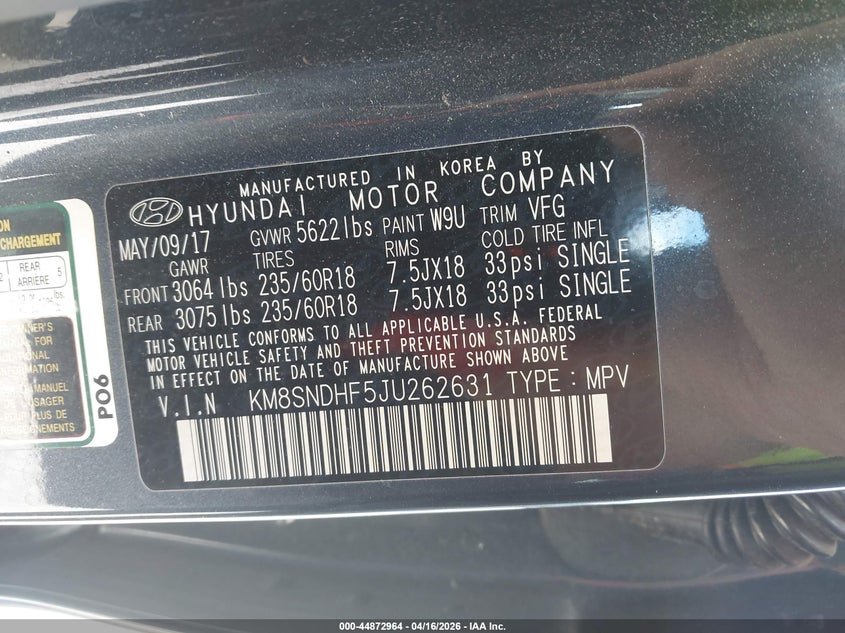 2018 Hyundai Santa fe VIN KM8SNDHF5JU262631 IAAI salvage auction — RIGHT SIDE, Salvage (Kentucky), sold $2,800 on 2026-07-13 (photo 9)