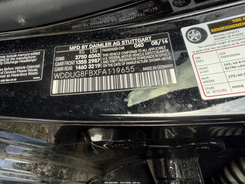 2015 Mercedes-Benz S-Class VIN WDDUG8FBXFA119655 IAAI salvage auction — Normal Wear, Clear (Connecticut), sold $12,250 on 2026-05-29 (photo 8)