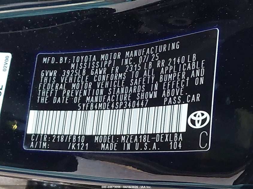 2025 Toyota Corolla VIN 5YFB4MDE4SP340447 IAAI salvage auction — UNKNOWN, Original (Texas), sold $7,675 on 2026-07-14 (photo 9)